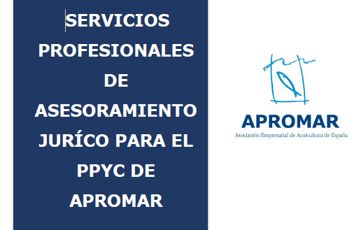 Cartel negro con texto blanco que anuncia concurso de servicios profesionales de asesoramiento jurídico para el PPYC de APROMAR, junto al