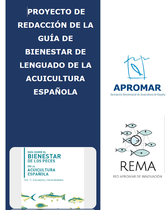 Cartel del proyecto de renovación de la Guía de Bienestar del lenguado de la acuicultura española, con logotipos de APROMAR y REMA