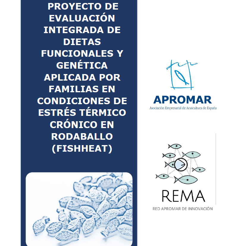 Cartel del proyecto FISHHEAT con logotipos de APROMAR y REMA, mostrando texto sobre evaluación de dietas y genética en rodaballo bajo