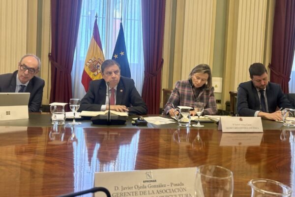 Cuatro personas sentadas en mesa de reuniones con banderas española y europea, placas identificativas y micrófonos