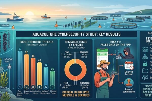 Infografía ilustrada sobre ciberseguridad en acuicultura con gráficos de barras y dona, mostrando amenazas frecuentes y soluciones
