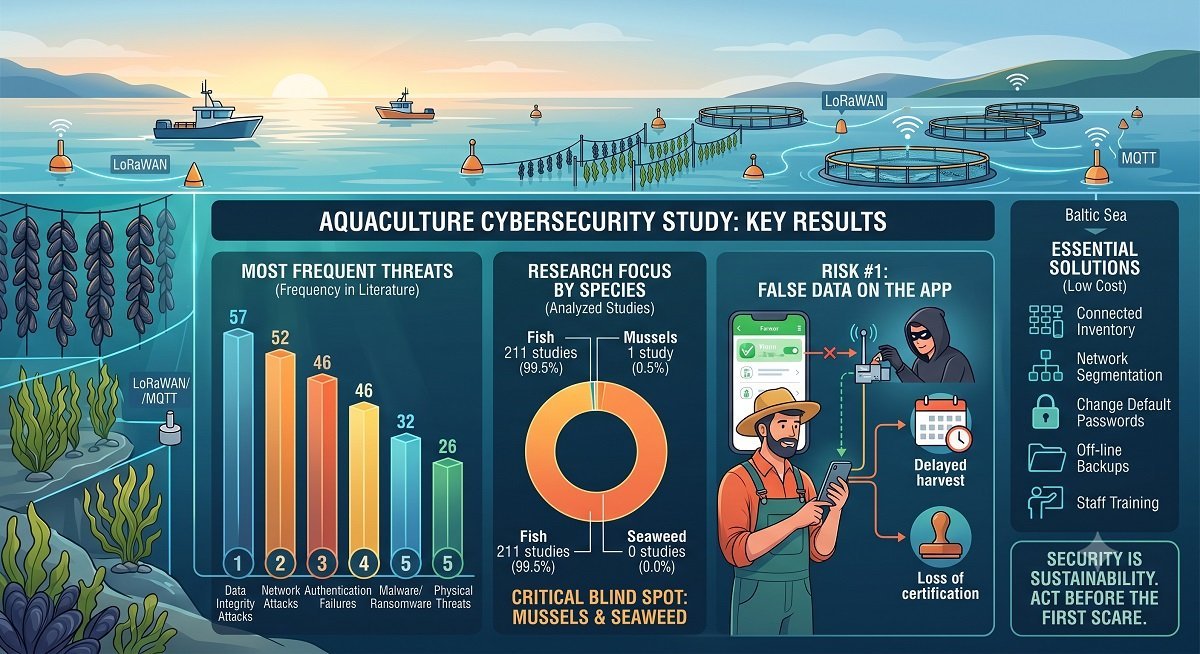 Infografía ilustrada sobre ciberseguridad en acuicultura con gráficos de barras y dona, mostrando amenazas frecuentes y soluciones