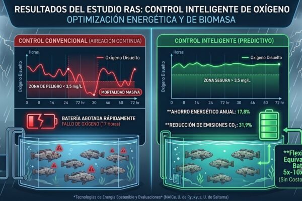 Pantalla de control muestra modelo predictivo de oxígeno para un sistema RAS de mero malabar