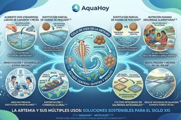 Infografía de AquaHoy sobre los múltiples usos de la artemia en acuicultura, nutrición humana y otros sectores, con ilustraciones