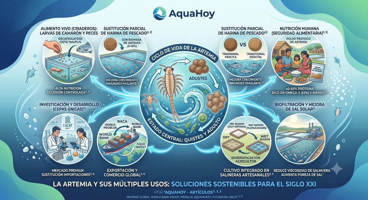 Infografía de AquaHoy sobre los múltiples usos de la artemia en acuicultura, nutrición humana y otros sectores, con ilustraciones